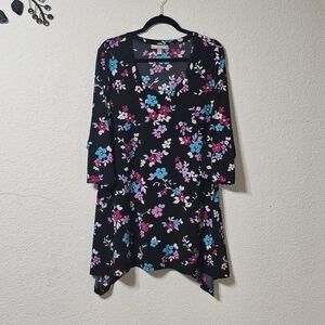Woman Within Blouse Womens L 18/20 Scoop Neck 3/4 Sleeve Pullover Floral Tunic